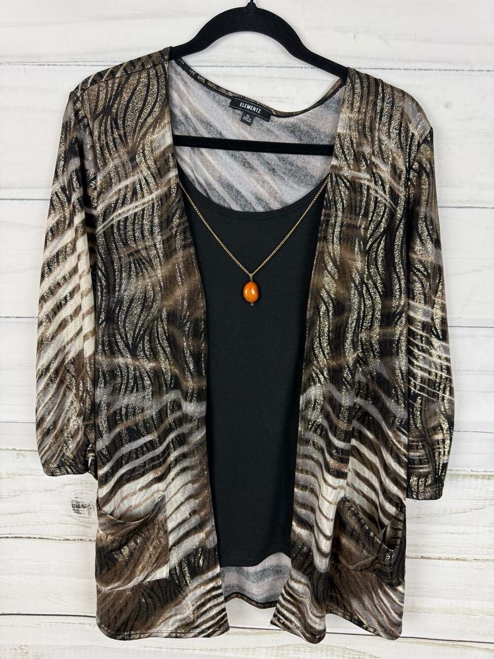 Elementz Women's XL Metallic Abstract Print 2-in-1 Cardigan Tank Top